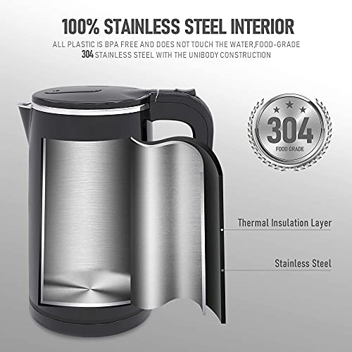 COOKTRON 1.7L Electric Kettle, Double Wall Hot Water Boiler BPA-Free, Black