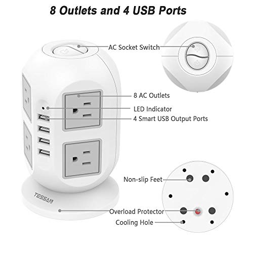 Power Strip Tower TESSAN Surge Protector 8 AC Outlets with 4 USB Ports...
