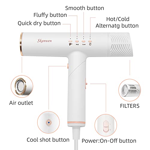 Professional Hair Dryer, Brushless Motor, Foldable Blow Dryers White