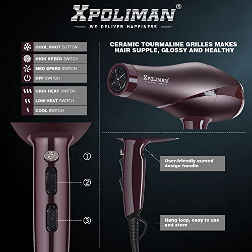 2000 Watt Hair Dryers, Xpoliman 1 Count (Pack of 1), Brown/Purple