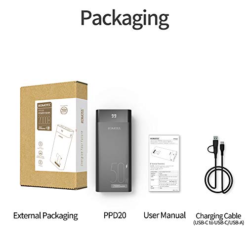 USB C Laptop Power Bank - ROMOSS 50W MAX PD 20000mAh 187.5×116.5×37mm, Black