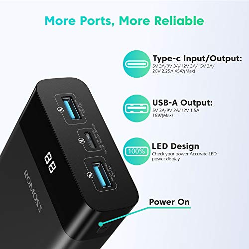 USB C Laptop Power Bank - ROMOSS 50W MAX PD 20000mAh 187.5×116.5×37mm, Black