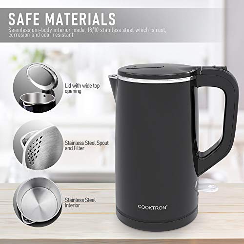 COOKTRON 1.7L Electric Kettle, Double Wall Hot Water Boiler BPA-Free, Black
