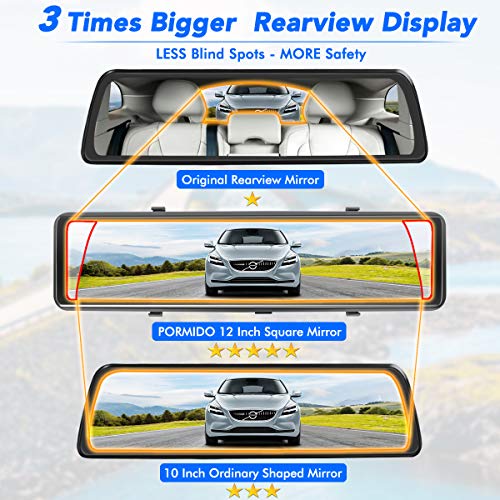 PORMIDO Mirror Dash Cam Backup Camera 12" Full Screen Rear View