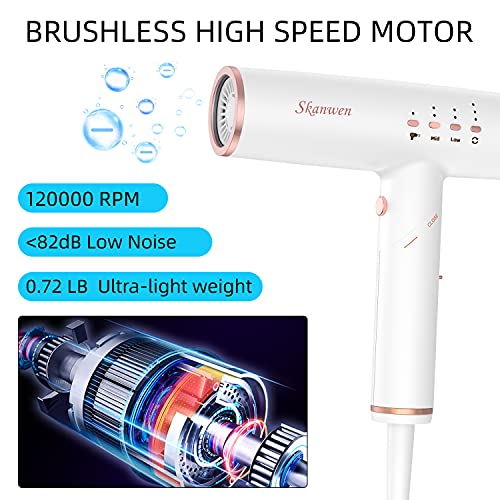 Professional Hair Dryer, Brushless Motor, Foldable Blow Dryers White