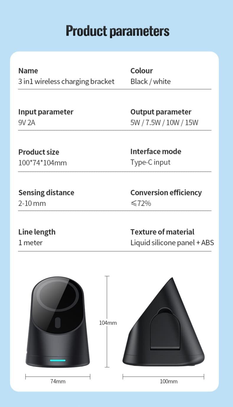 Oscar 3 in 1, 15W Foldable Magnetic Wireless Charging Station, Black