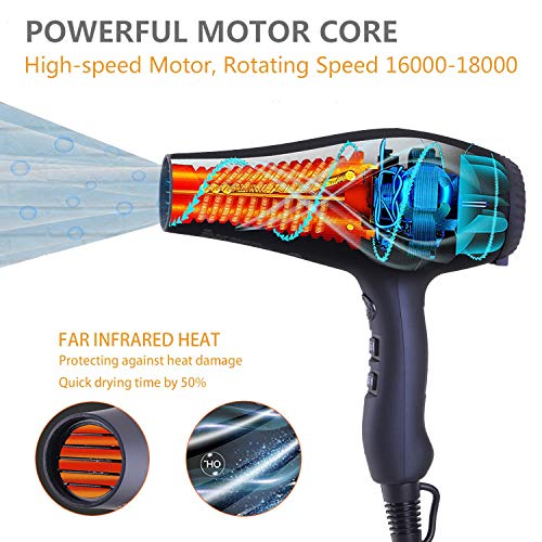 Professional Ceramic Tourmaline Hair Dryer 1875 Watt Fast 4 Piece Set, Black