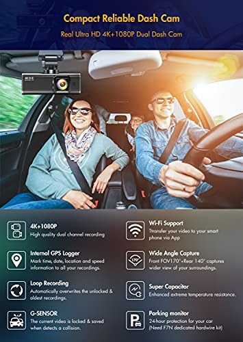 Dual Dash Cam Built-in WiFi GPS Front 4K/2.5K and Rear 1080P Dash...