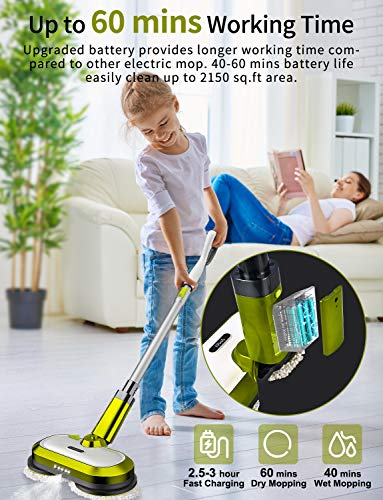 Cordless Electric Mop, Spin Mop with LED 5 Piece Set, Green