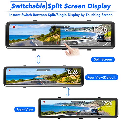 PORMIDO Triple Mirror Dash Cam 12 with Detached Front and in-Car  Camera,Waterproof Backup Rear View Dashcam Anti Glare 1296P IPS Touch  Screen with