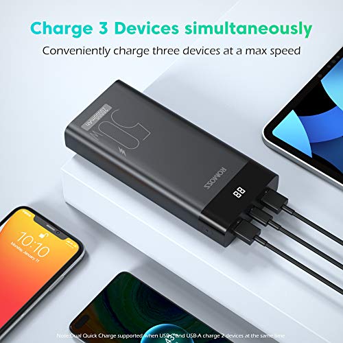 USB C Laptop Power Bank - ROMOSS 50W MAX PD 20000mAh 187.5×116.5×37mm, Black