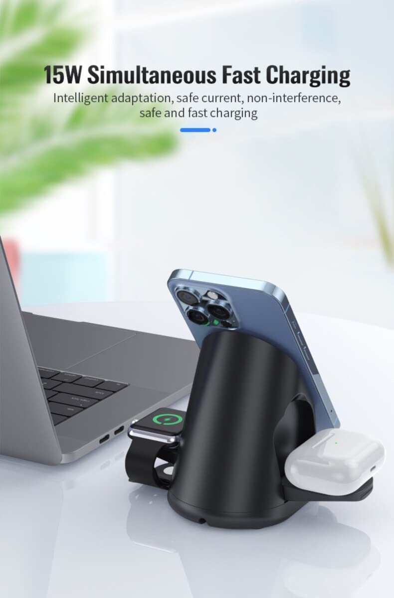 Oscar 3 in 1, 15W Foldable Magnetic Wireless Charging Station, Black