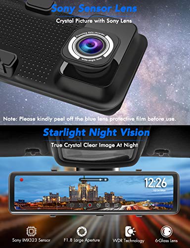 PORMIDO Mirror Dash Cam Backup Camera 12" Full Screen Rear View