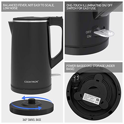 COOKTRON 1.7L Electric Kettle, Double Wall Hot Water Boiler BPA-Free, Black