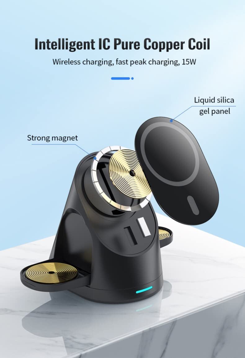 Oscar 3 in 1, 15W Foldable Magnetic Wireless Charging Station, Black