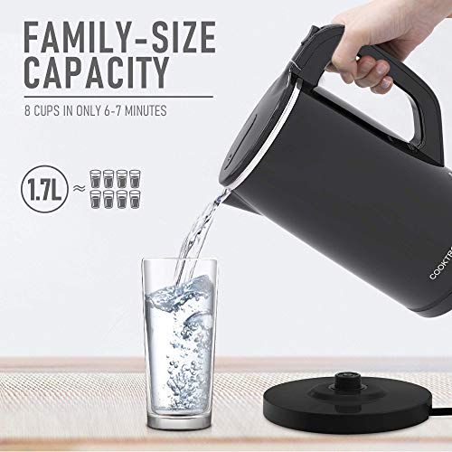 COOKTRON 1.7L Electric Kettle, Double Wall Hot Water Boiler BPA-Free, Black