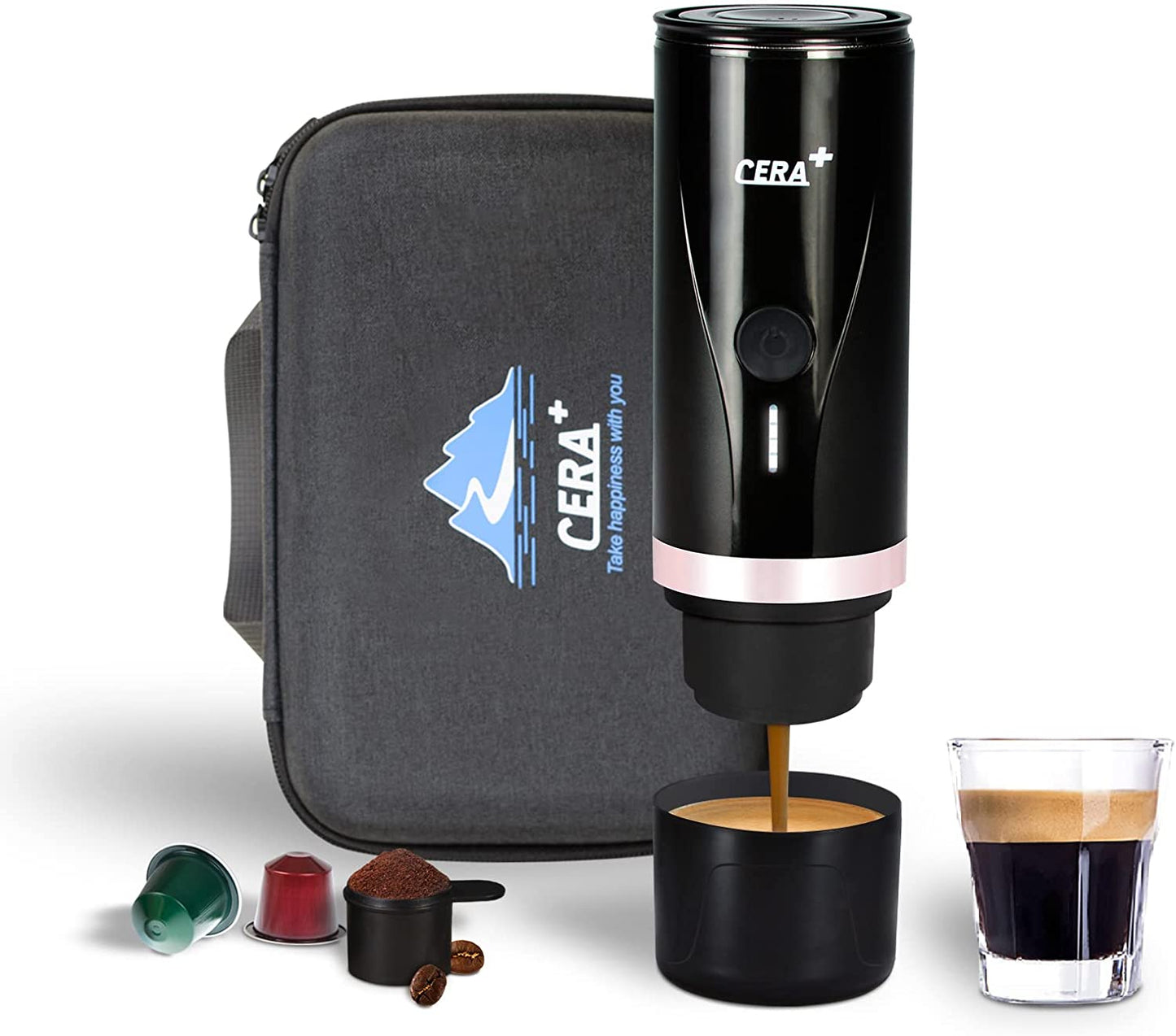 CERA+ Portable Mini Espresso Machine, 12V/24V Rechargeable Car Coffee Black