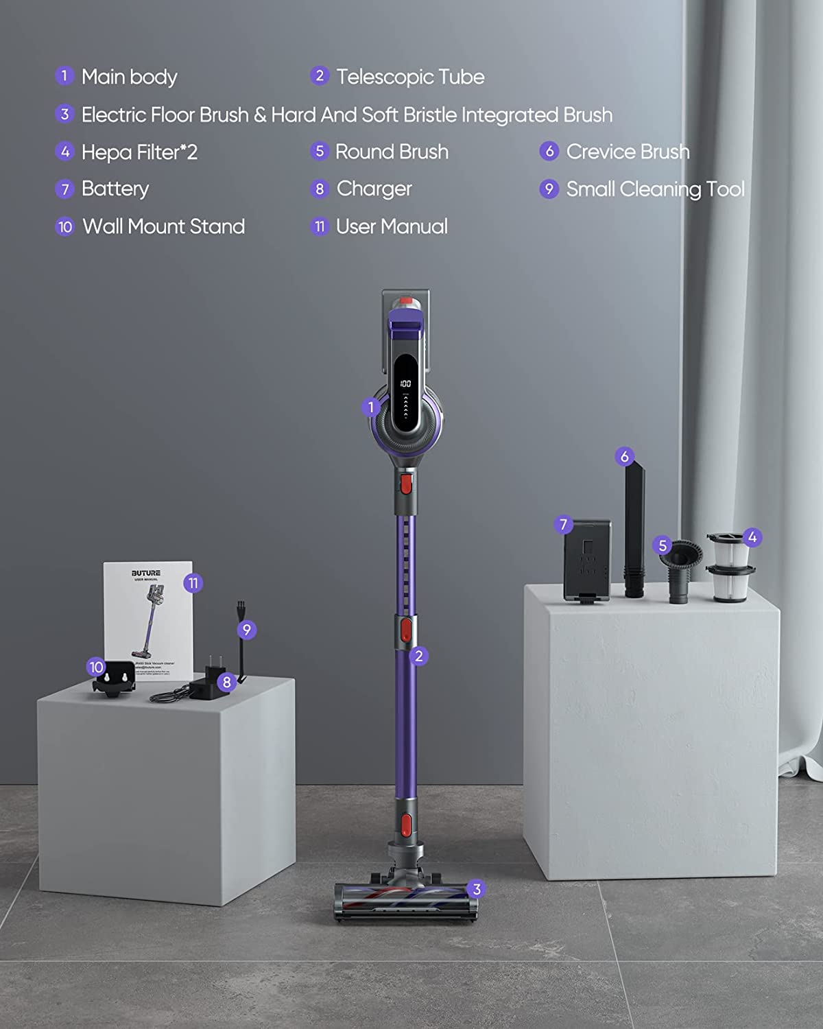 BuTure Cordless Vacuum Cleaner, 400W 33Kpa Powerful Stick with 55min...