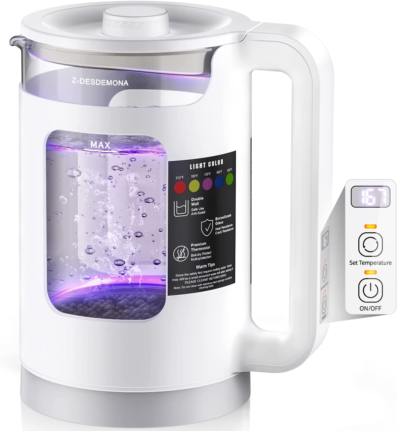 Electric Kettle, Intelligent Temp Control, One Wipe Clean, 5 LED Light White