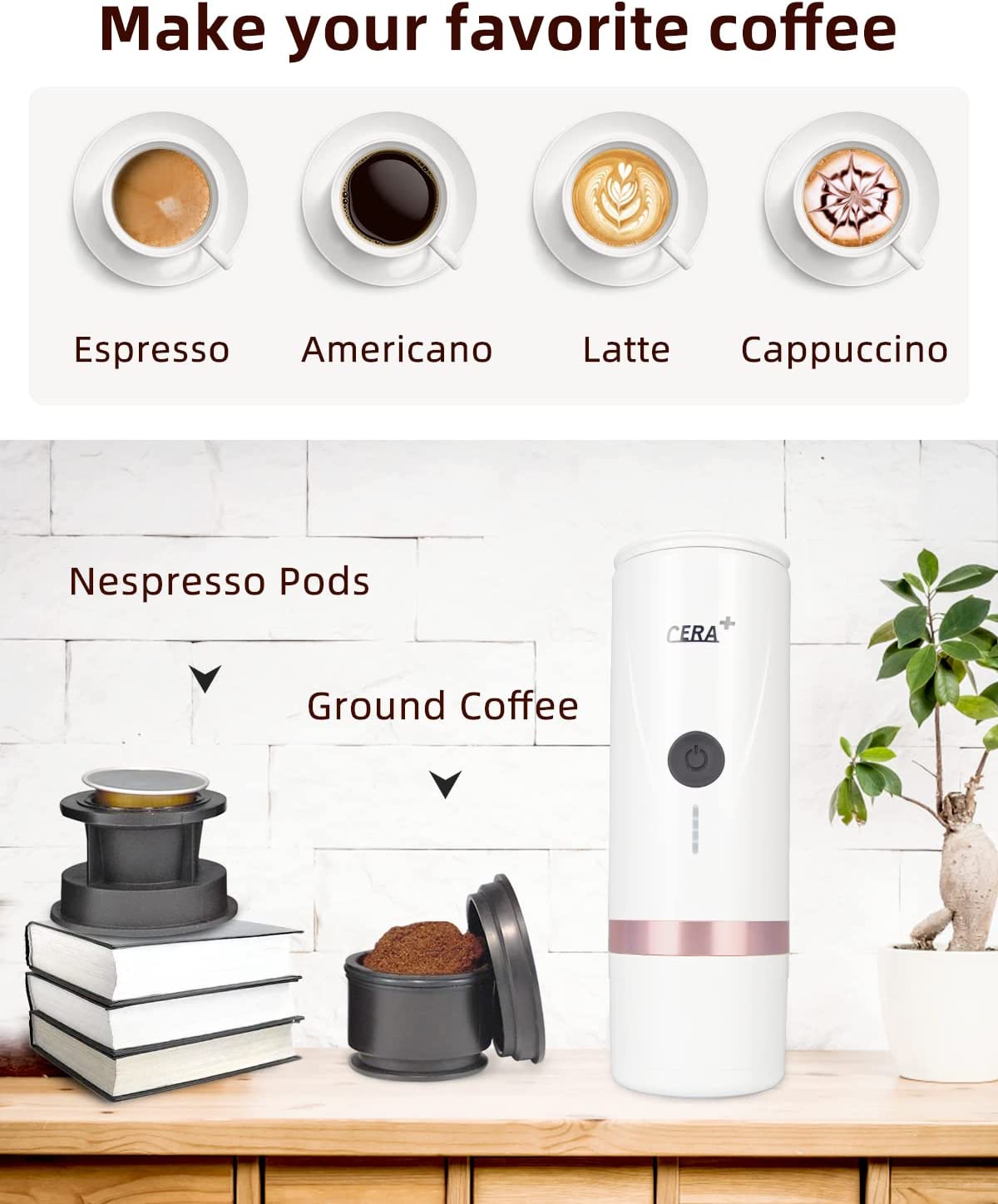 CERA+ Portable Electric Coffee Maker, Rechargeable Mini Battery White