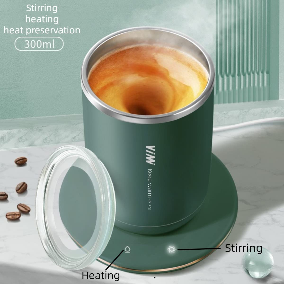Temperature Control Smart Self Stirring Coffee Mug with Lid,auto A-green