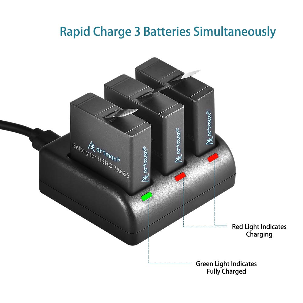 Artman GoPro Hero 5/6/7 1480mah Replacement Batteries (3 Pack) and 3-Channel...