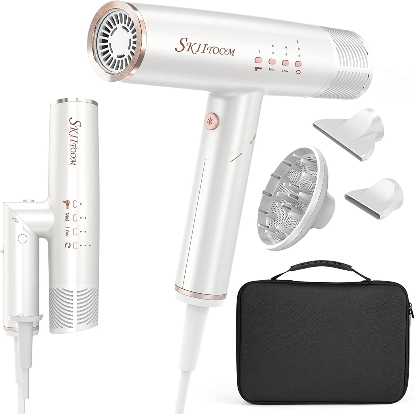 Professional Hair Dryer, 1400W Brushless 2concentrator with Diffuser, White