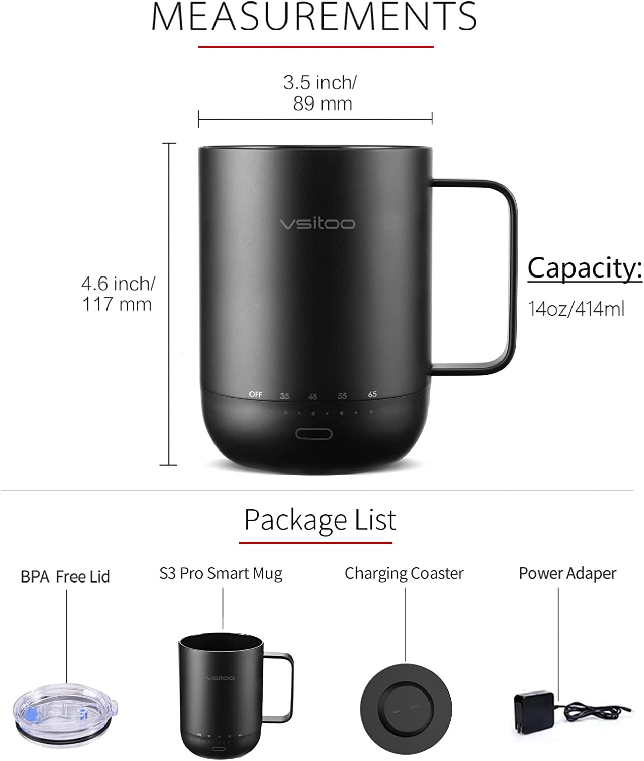 vsitoo S3 Pro Temperature Control Smart Mug with Lid, Coffee Warmer Black
