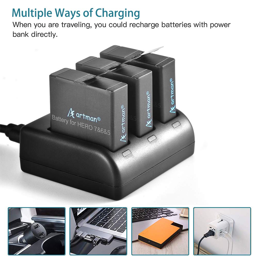 Artman GoPro Hero 5/6/7 1480mah Replacement Batteries (3 Pack) and 3-Channel...