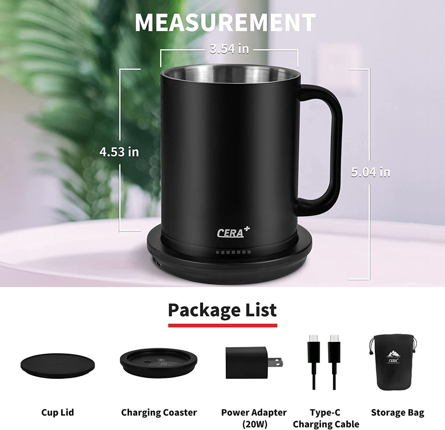 CERA+ Temperature Control Smart Mug with Lid, 14oz, Self Heating, 1.5-hr...