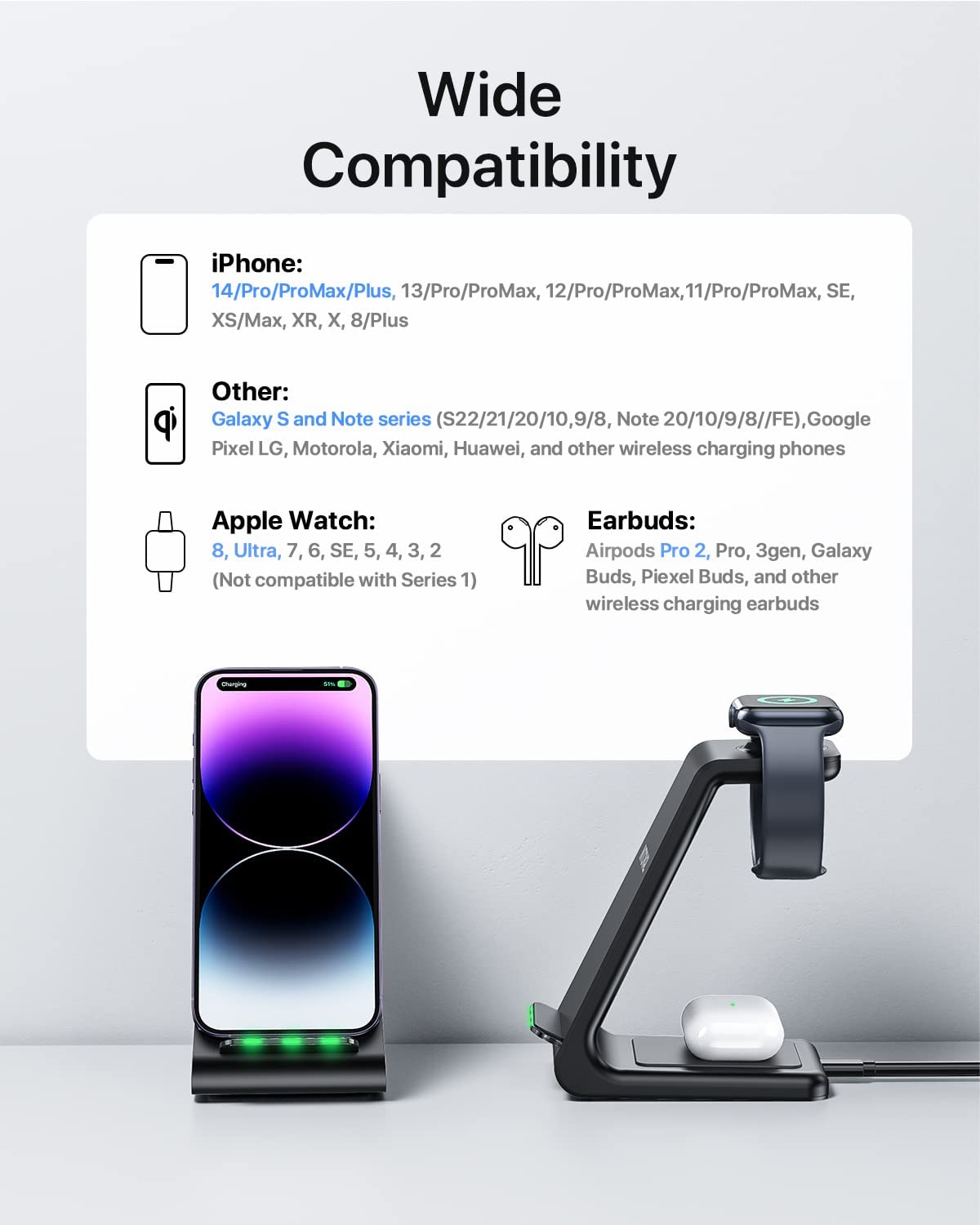 Intoval Wireless Charging Station, 3 in 1 Charger for Apple Black