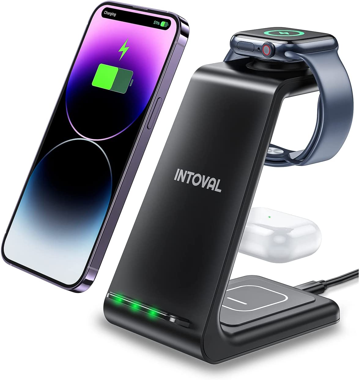 Intoval Wireless Charging Station, 3 in 1 Charger for Apple Black