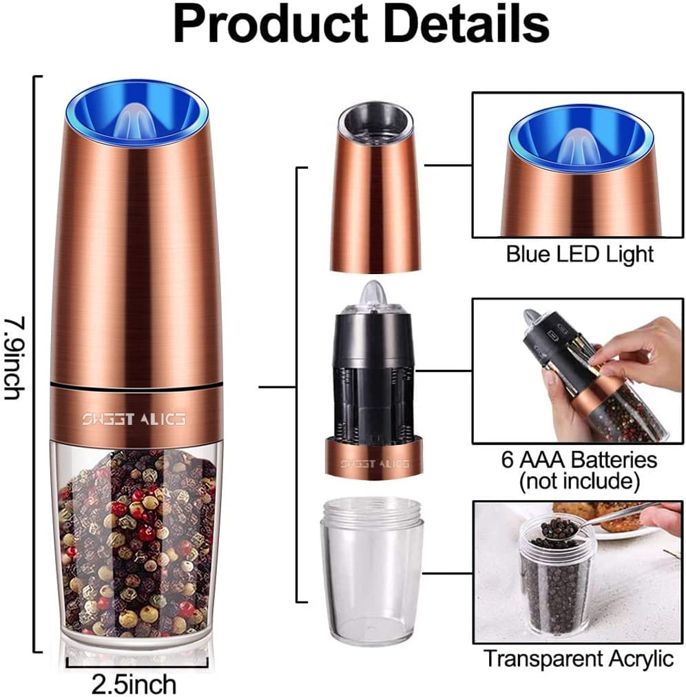 Gravity Electric Pepper and Salt Grinder Set, Adjustable Set / Copper