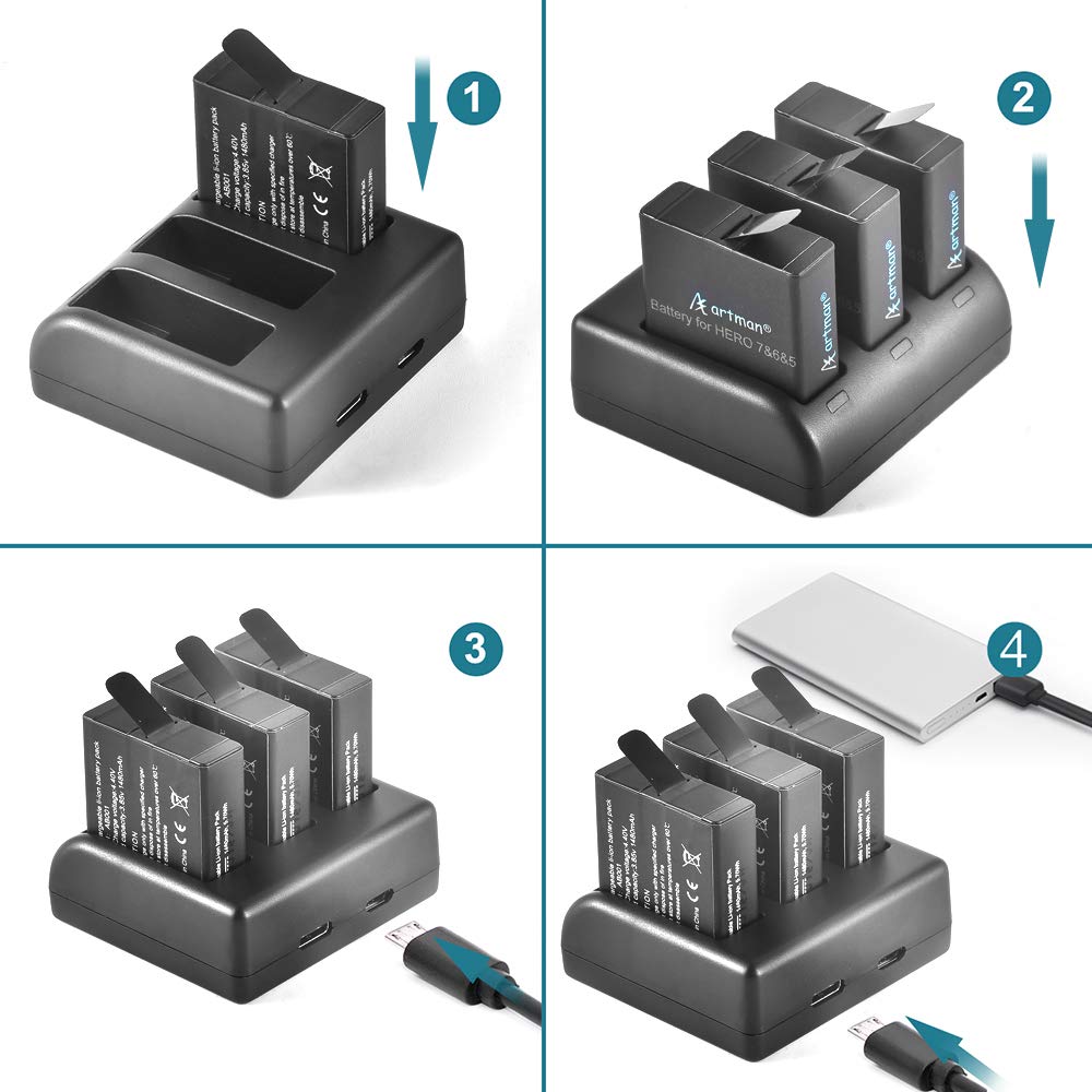 Artman GoPro Hero 5/6/7 1480mah Replacement Batteries (3 Pack) and 3-Channel...
