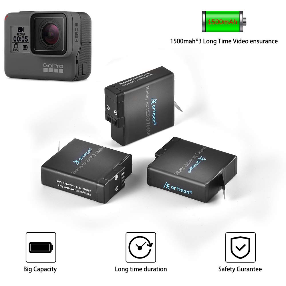 Artman GoPro Hero 5/6/7 1480mah Replacement Batteries (3 Pack) and 3-Channel...