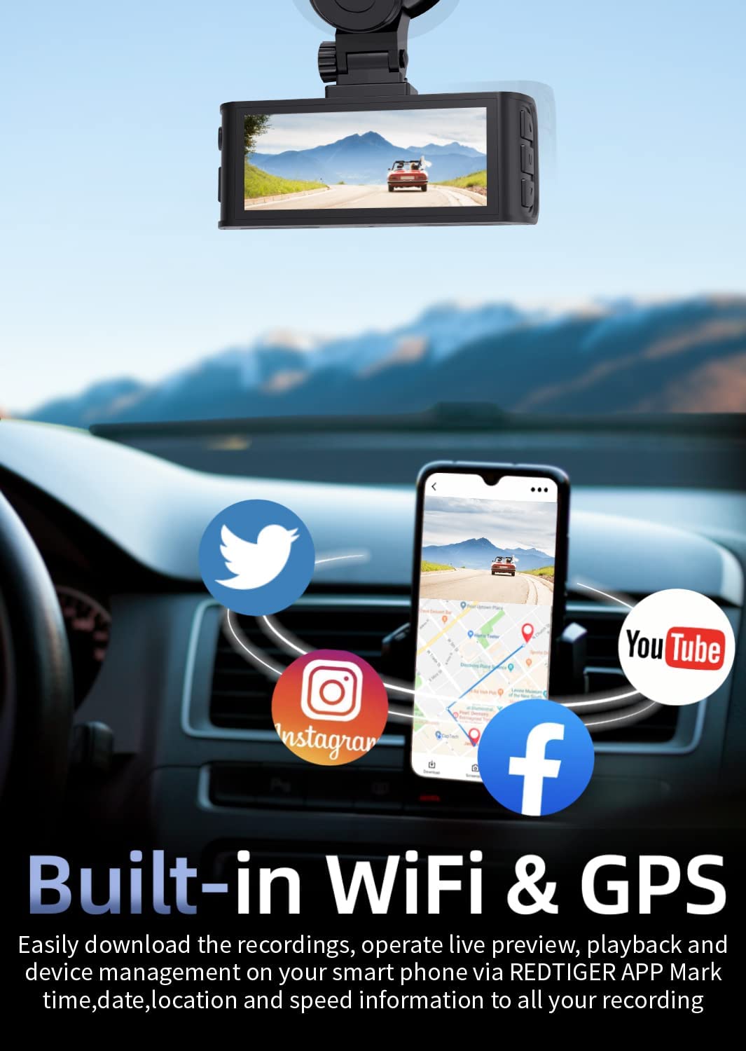 REDTIGER Dash Cam Front Rear Camera 4K/2.5K Full HD Car Dashboard Black