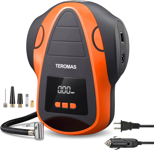 TEROMAS Tire Inflator Air Compressor, Portable DC/AC Pump for Car Orange