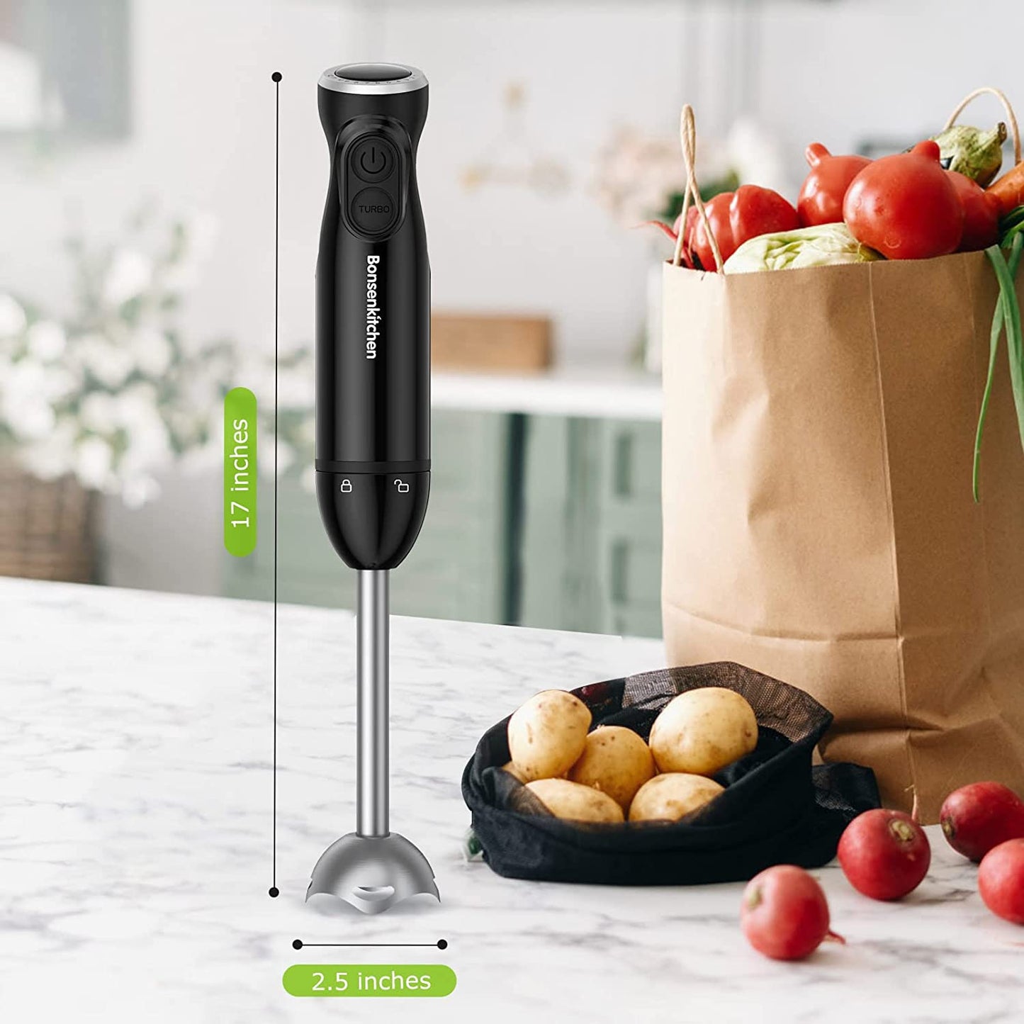 Bonsenkitchen Handheld Blender, Electric Hand Blender 12-Speed & 1-basic