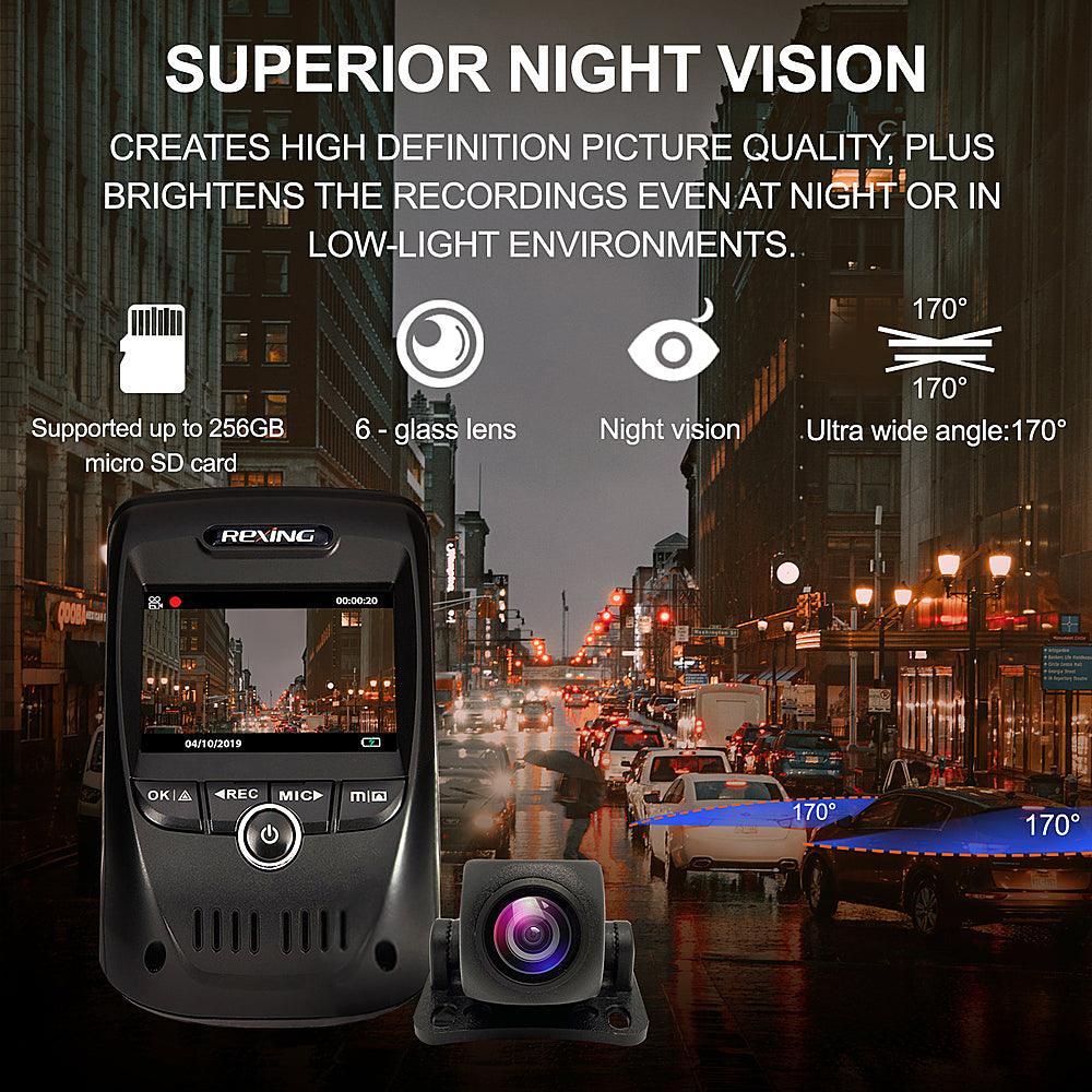 Rexing - V1P Max Real 4K UHD Dual-Channel Front and Rear Wi-Fi Dash Camera -...