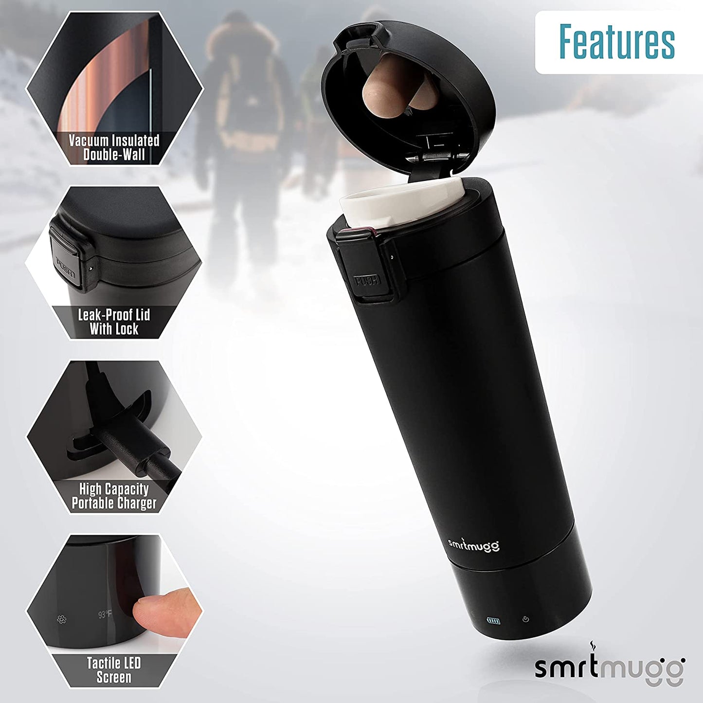 SMRTMUGG Heated Coffee Mug, All Day Battery Life, Black 10 oz.