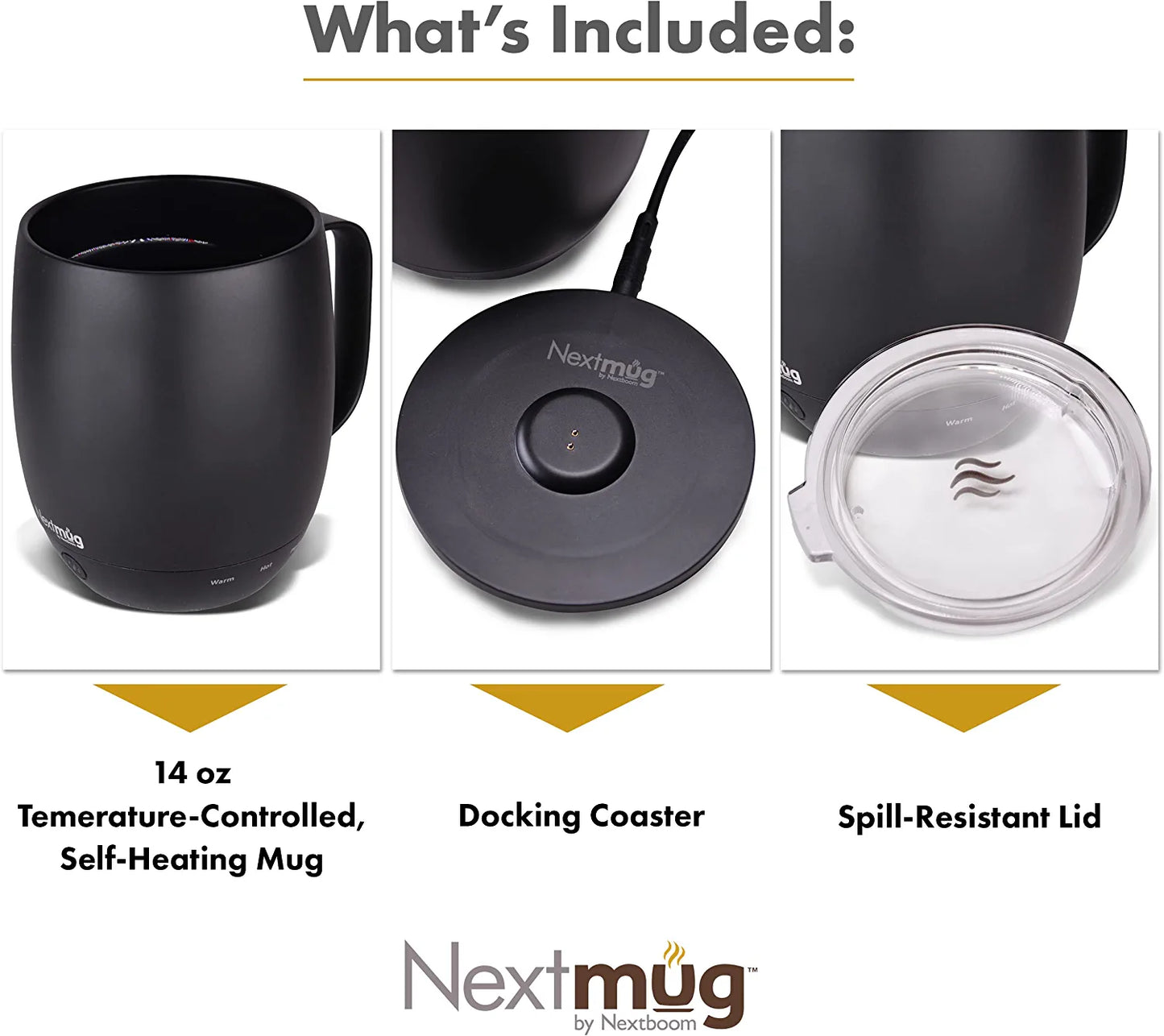Nextmug - Temperature-Controlled, Self-Heating Coffee Mug (Black - 14 Black