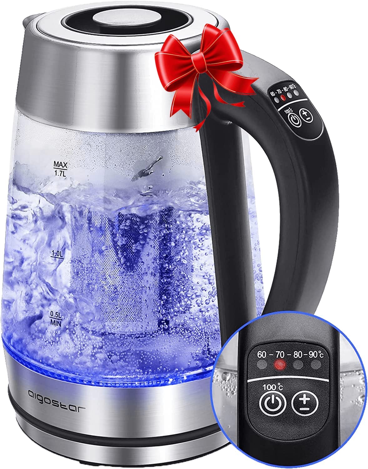 Aigostar Electric Kettle Temperature Control & Tea Infuser 1.7L, Hot Black