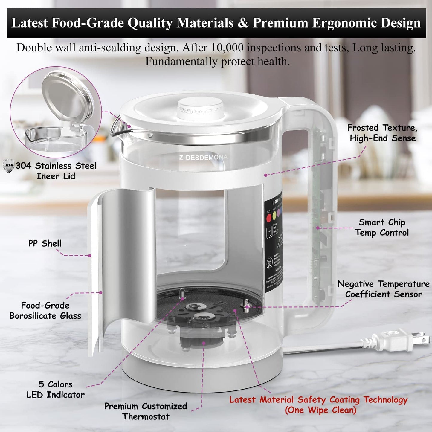 Electric Kettle, Intelligent Temp Control, One Wipe Clean, 5 LED Light White