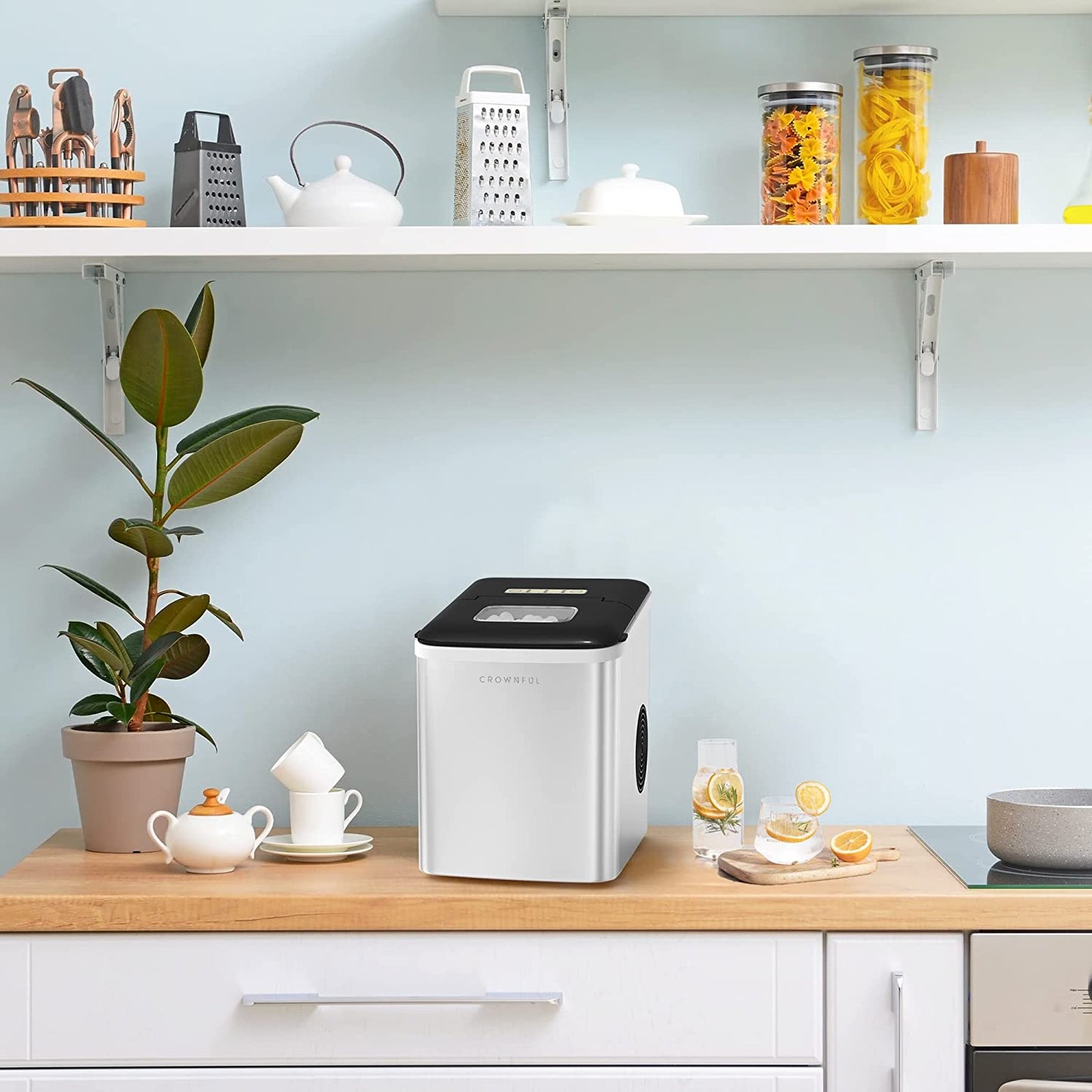 CROWNFUL Ice Maker Machine for Countertop, 9 Bullet Cubes Small, Silver