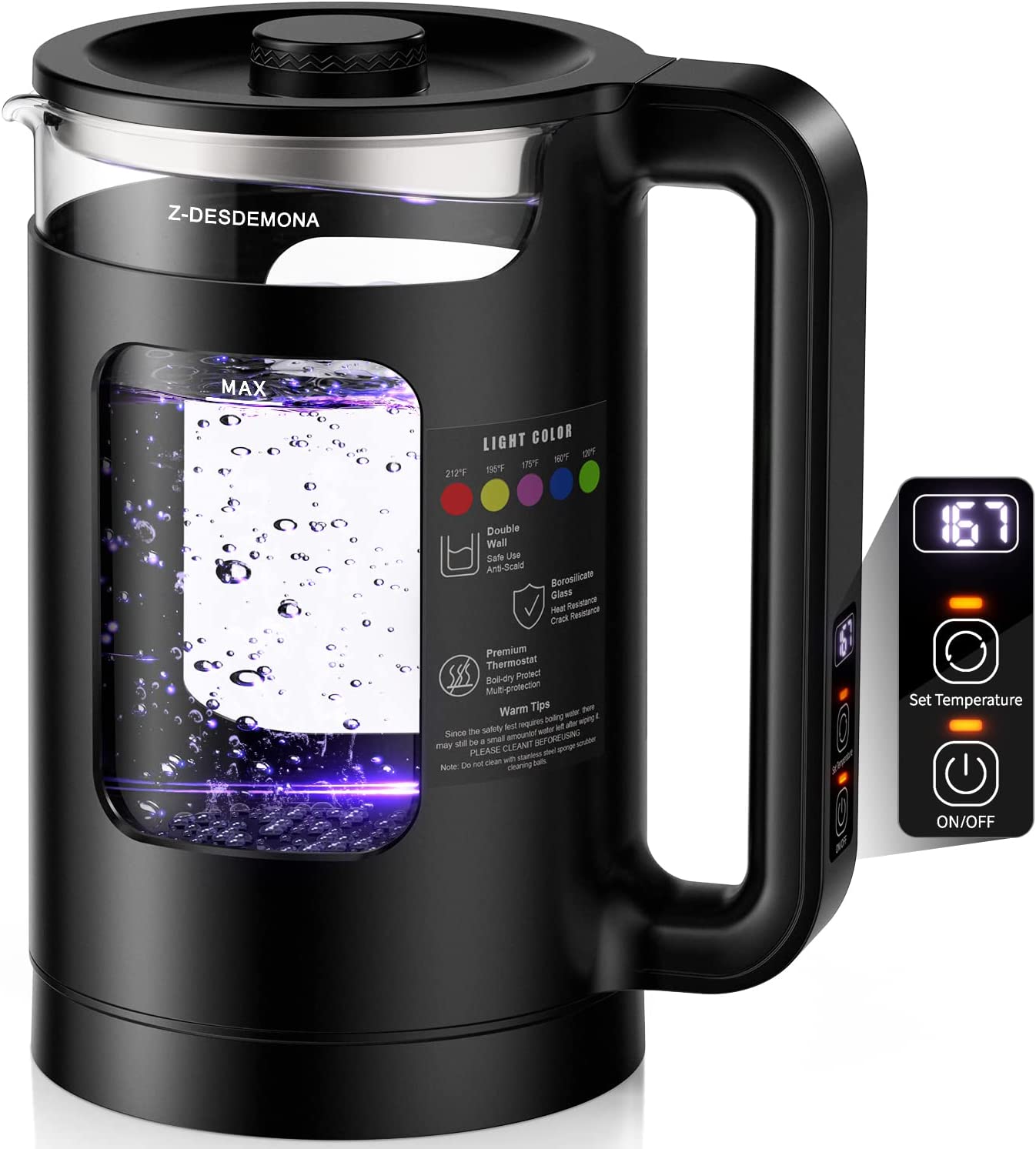 Electric Kettle, Intelligent Temp Control, One Wipe Clean, 5 LED Light Black