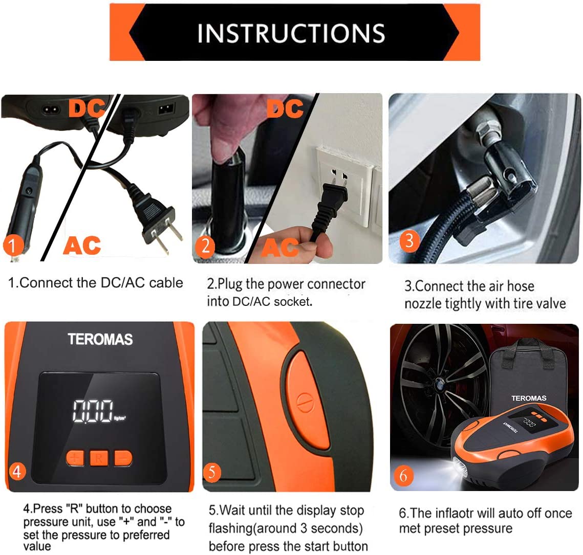 TEROMAS Tire Inflator Air Compressor, Portable DC/AC Pump for Car Orange