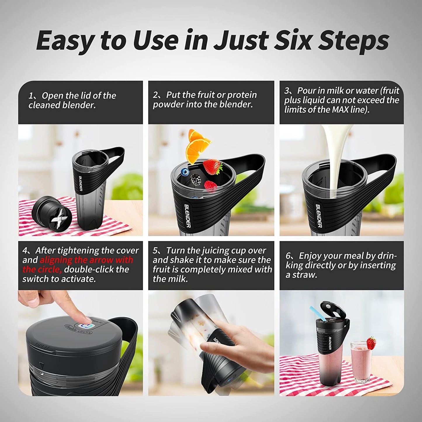 Xibonol Portable Blender, Blender for Shakes and Smoothies, 16 Oz Black