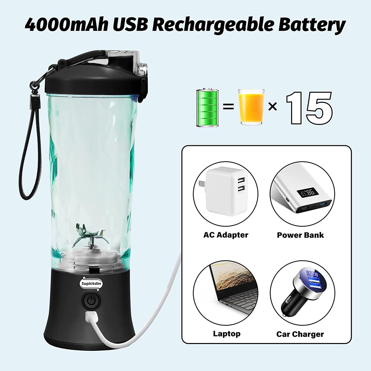 20 Oz Portable Blender USB Rechargeable, Supkitdin Waterproof Personal Black
