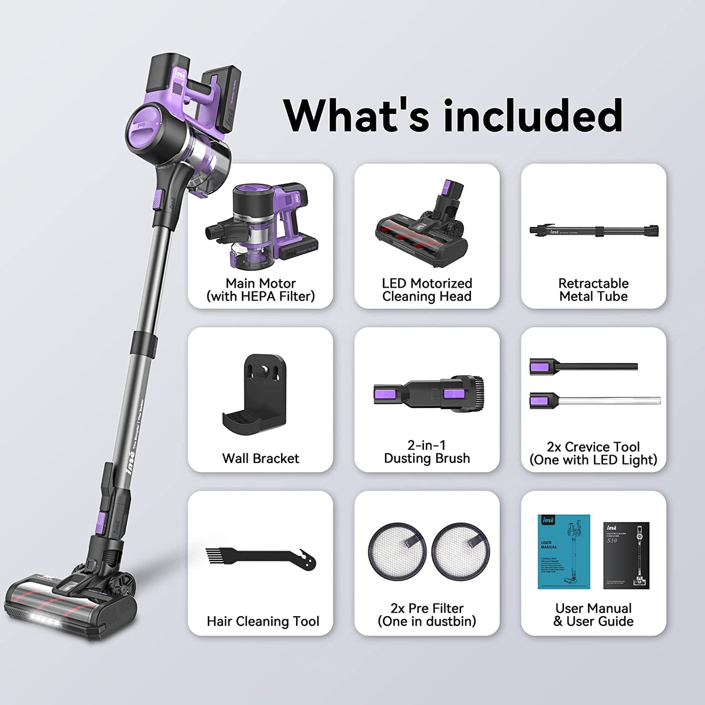 INSE Cordless Vacuum Cleaner, 26Kpa 350W Stick for Purple