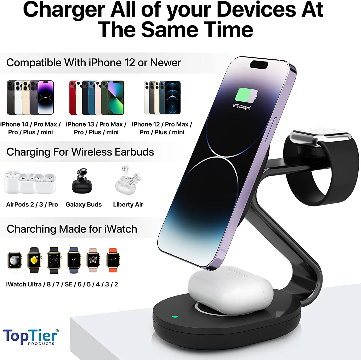 TopTier 3 in 1 Magsafe Wireless Charging Station, Metal Design, iPhone Black